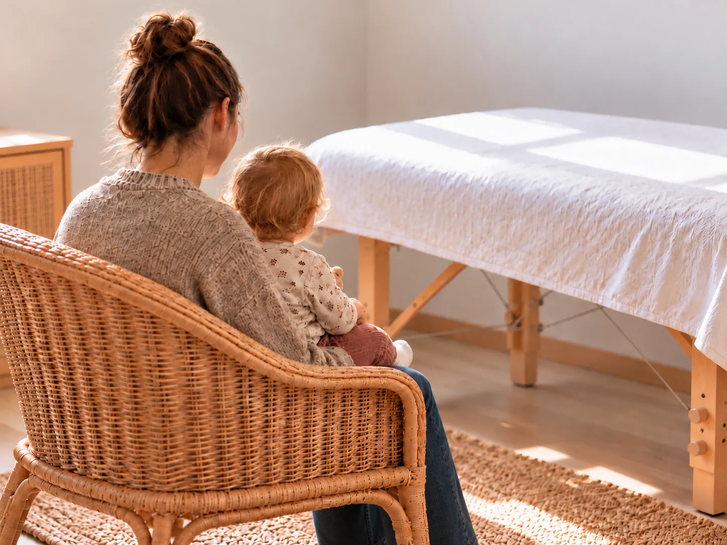 Baby omkring et år på en voksens skød i et roligt klinikrum, set bagfra.