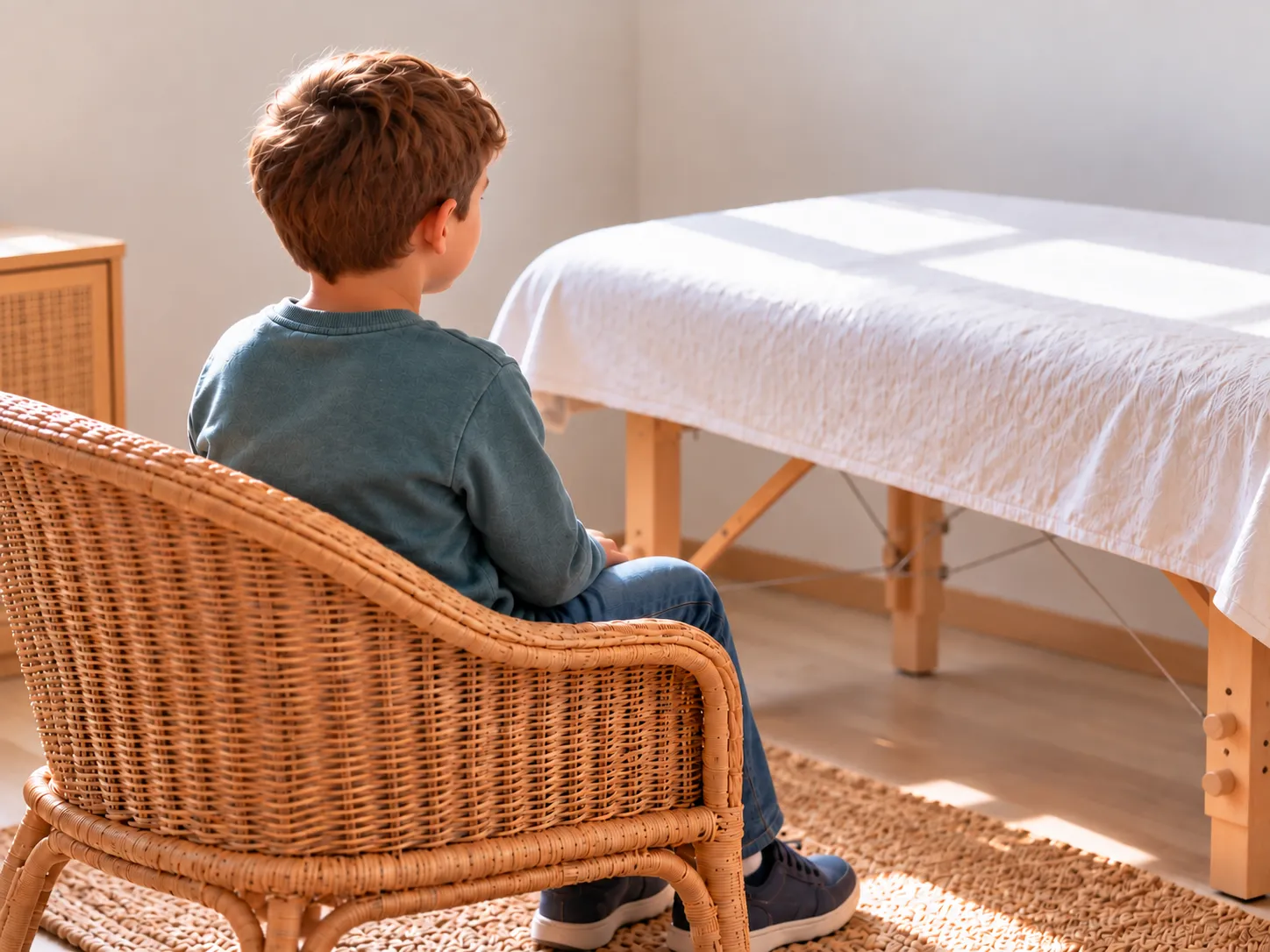 Dreng omkring 7–8 år, der sidder med ryggen til i en kurvestol i et roligt klinikrum.