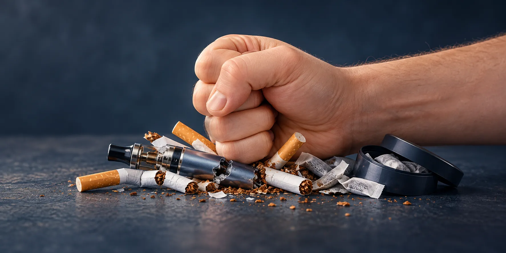 En hånd trykker cigaretter, en vape og snus ned på en mørk overflade.