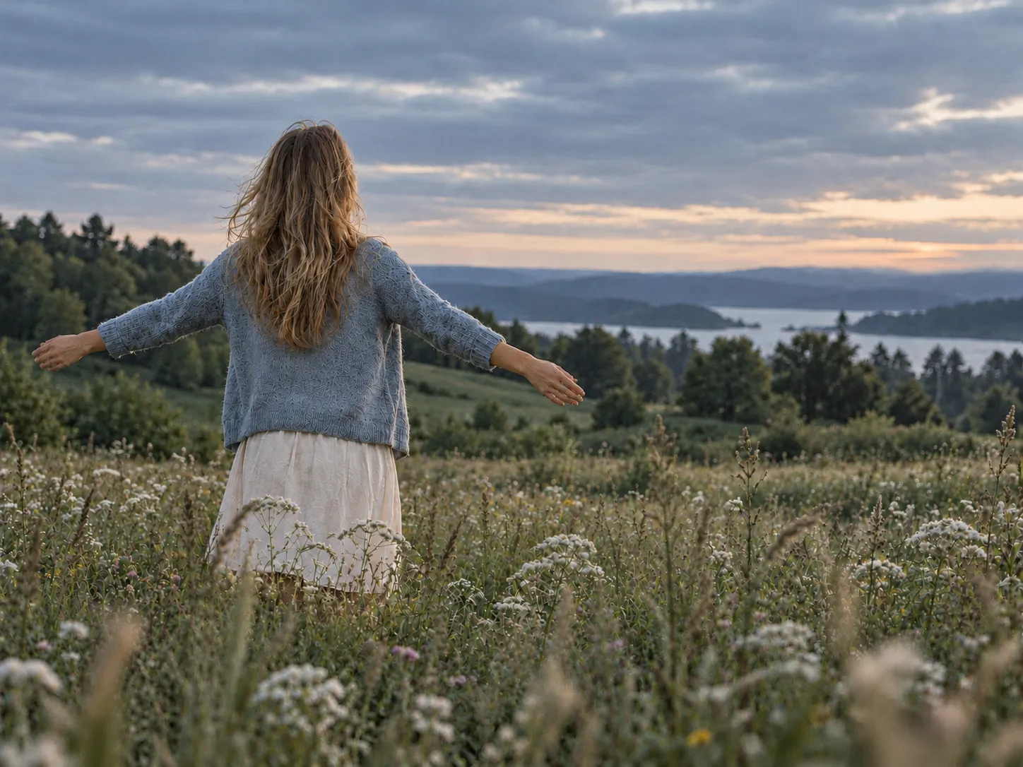 Kvinde set bagfra i en blomstrende eng ved solnedgang med armene let åbne.